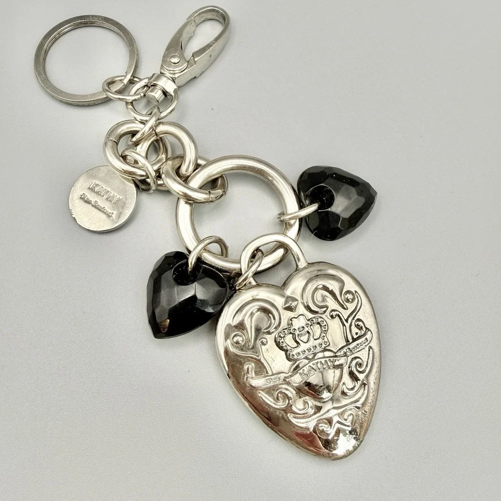 Vintage Kathy Van Zeeland Silver Tone‎ Puffy Hearts Bag Charms Chunky Keychain